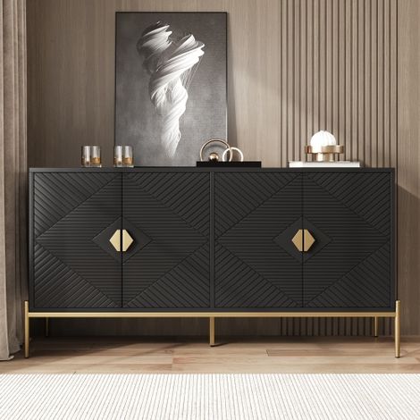 Buffet de salon avec 4 portes à motif géométrique, poignées dorées, pieds en métal, noir