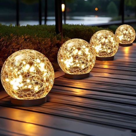 4Pcs Lampes solaires d'extérieur étanches pour jardin, boules de verre craquelé pour extérieur, décorations d'extérieur pour terrasse, cour, pelouse, arrière-cour (1/5)
