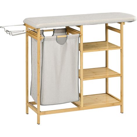 HOMCOM cesto de ropa sucia 57,4L, cesta ropa de bambú con tabla de planchar, soporte para plancha, 3 estantes y bolsa extraíble, 113x34x82 cm, natural (1/5)
