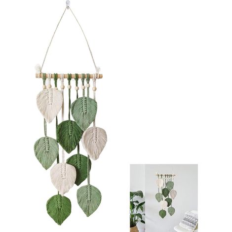 Tapisserie Murale en Macramé, 25 x 60 cm Decoration Murale Boheme, Tenture Murale Déco Bohème, Macrame Mural avec Perles et Feuilles en Bois, Tapisserie en Macramé pour Chambre ou Salon (Vert) (1/5)