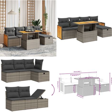 Salon de jardin 6 pcs avec coussins gris résine tressée - Ensemble Salon De Jardin - Mobilier Extérieur - Résine Tressée - Rotin Synthétique - Table Extensible - Home & Living (1/5)