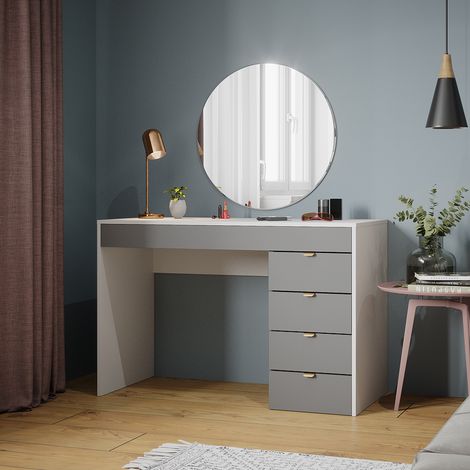 Schminktisch Elise, Weiß/Grau/Grau, 115 cm mit 5 Schubladen, Vicco