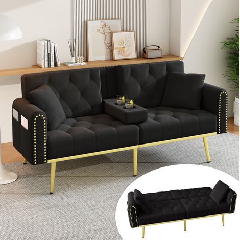 Divano letto 175x80x73.5 cm nero in velluto con schienale reclinabile e portabicchieri (1/5)