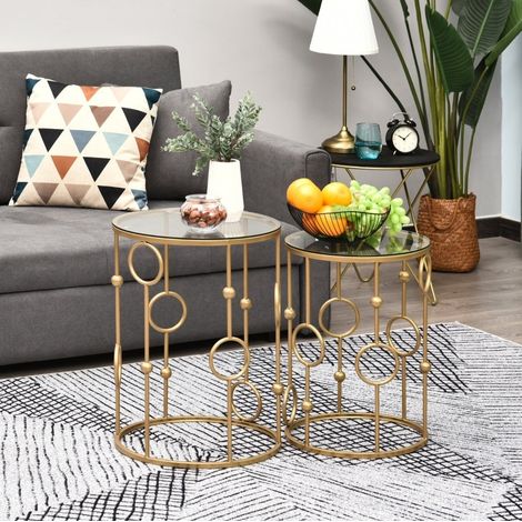 2er-Set Beistelltische aus Glas und Metall, nestbar, Ø41 x 57 cm und Ø36 x 51 cm, goldfarben (1/5)