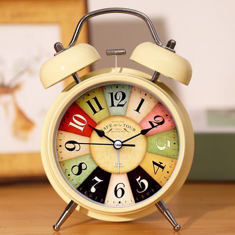 Beige Vintage Alarm Clock, Silent Travel Alarm Clock, Double Round Metal Alarm Clock, Loud Sandalwoo (1/4)