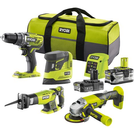 kit valigetta trapano avvitatore, smerigliatrice angolare, levigatrice palmare e seghetto gattuccio a batteria ryobi "r18dd3 + r18ag + rps18 + rrs1801" 2 batterie 18v 2ah/4ah (1/4)