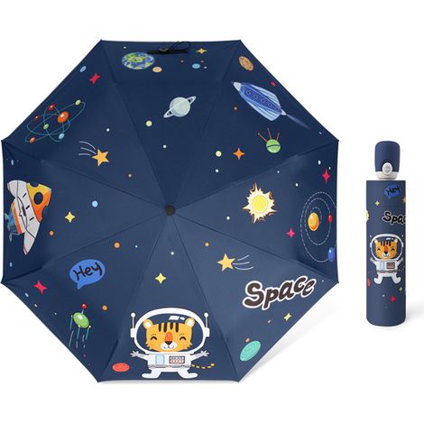 Parapluie solaire et pluie 8 baleines auto ouverture/fermeture anti-UV portable noir vinyle avec bande réfléchissante vaisseau spatial