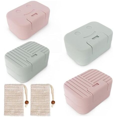 4-teilige Reise-Seifenbox aus Kunststoff + 2 Seifensäckchen, Seifenhalter, leicht zu reinigender Seifenhalter für Bad, Dusche und Küche (1/5)