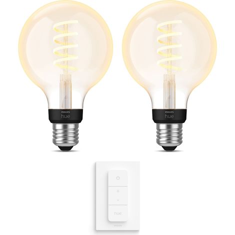 Philips Hue Kit d'extension E27 avec 2 Ampoules Globe à filament Petit (G93) Lumière blanche chaude à froide - Comprend 1 Variateur de lumière - White Ambiance (1/5)