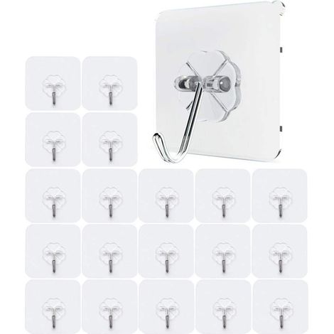 Paquete de 20 ganchos autoadhesivos transparentes, resistentes al agua, con capacidad de carga de 10 kg, de plástico adhesivo fuerte para dormitorio, baño, cocina, pared, puerta, refrigerador, luz de 