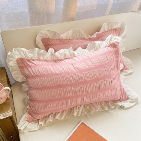 Taie Doreiller - 48x74 cm - Fermeture Enveloppe - Polyester - Blanc Rayé - Pour Chambre À Coucher - Lot De 2 (1/5)