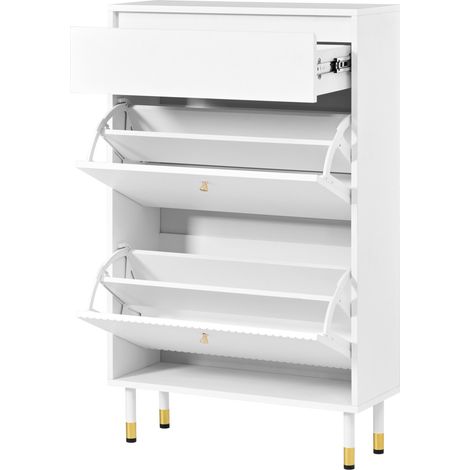 Schmale Schuhkommode mit Schublade und 2 Klapptüren, Weiß, MDF, Metallfüße (1/5)