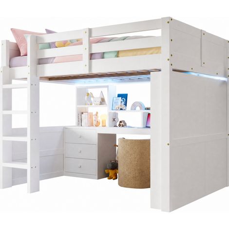 Litera alta 140x200 cm con LED, armario, escritorio, tres cajones y estantes, diseño blanco para dormitorio infantil, segura con barandillas y almacenaje – CHICFURN (1/5)