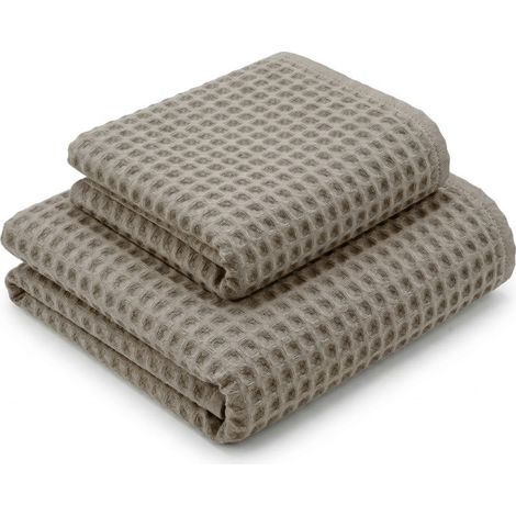 Serviettes en nid d'abeille 100 % coton 330 g/m² Fabriquées en Italie – Ensemble de 2 pièces (60x110 + 40x60) Tex Family – Taupe