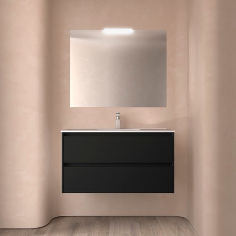 Badezimmermöbel NOJA 1000 2 Schubladen BLACK SATIN + Waschtisch + Spiegel