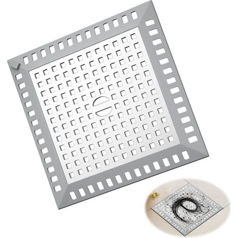 Duschhaarfilter, 12,2 x 12,2 cm, quadratisches Sieb für Waschbecken, verstopfungsfrei, für Bad und Küche (silber) (1/4)