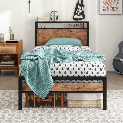 Cadre de lit simple en métal massif de 0,9 m avec tête de lit de rangement en bois, cadre de lit simple en fer solide, sans sommier tapissier, fond de matelas, rangement sous le lit (1/5)