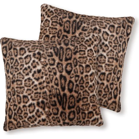 JSSEVN - Dense Faux Rabbit Fur Cushion Covers, Super Soft and Fuzzy, Brown Leopard Print, Decorative Sofa Covers, 45 x 45 cm (1/5)
