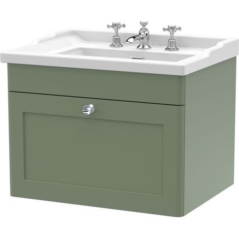 Swynnerton Traditional 1 Drawer Wall Hung Vanity Unit with Basin, Satin Green, 600mm