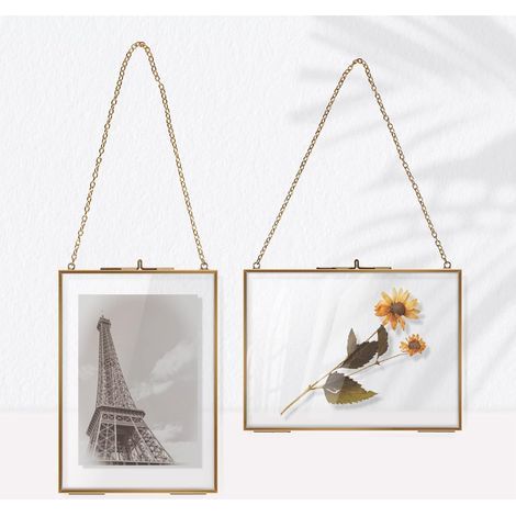 2PCS Cadres Photo Double en Verre et Métal, 13 18cm, Cadre Verre Mural Transparent, Cadre Rectangulaire pour Fleur Séchée, Photo, Figure, Carte, Certificat, Or (1/5)