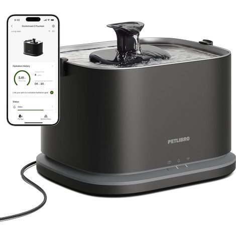 Fontaine a Eau Chat, Fontaine à Eau Intelligente Dockstream 2 avec App, Abreuvoir Automatique pour Chat 3L, Distributeur Eau d'Intérieur pour Chien en Acier Inoxydable avec Wi-FI 5 GHz, Noir (1/5)