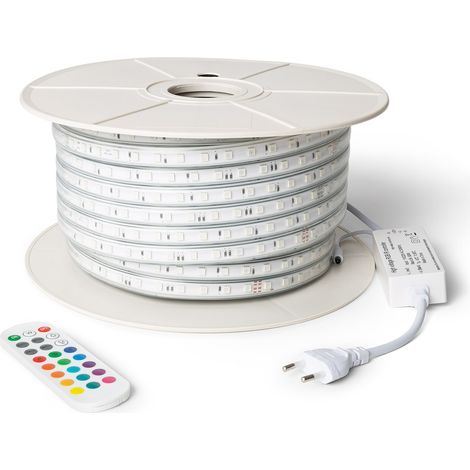 Ruban LED RGB 220V SMD 60 LED/m BOBINE 50m 9,5W/m Largeur 14,5mm Coupe 100cm IP65 avec Télécommande RGB (1/5)
