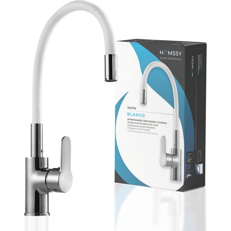 HOMSSY Grifo de Cocina Flexible Blanco, Caño Alto y Ajustable 360°, Acero Inoxidable Recubierto en Caucho, Cuerpo de Latón, Grifo Monomando para Fregadero (1/5)