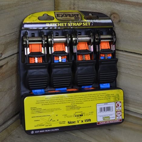 4 Pack of 1 Inch x 15 ft Heavy Duty Orange Ratchet Strap Set with S Hooks DIY (1/4)