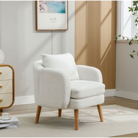Poltrona 71/72/71 cm in Teddy-Samt bianco con cuscino, seduta spessa e struttura in legno (1/5)