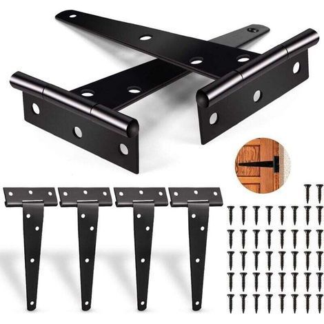 pair Charnières en T 6 PCS, Robuste Noirs Charnières, Charnière Porte Lourde Capacité de poids 25 kg, Charnières Pliables avec 42 PCS de vis Charnières Robustes pour Portes,Fenêtres,Abris de Jardin-Fe (1/4)