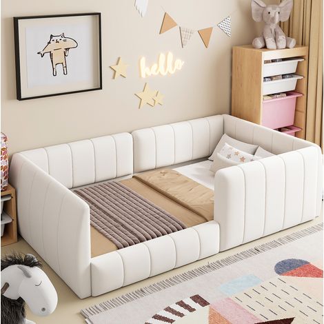 Cama tipo plataforma 90x200 cm en beige con terciopelo, barandillas de seguridad y cabecero acolchado (1/5)