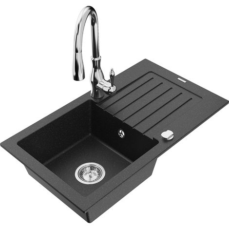Mexen Pablo 1 Becken-Granitspüle mit Abtropffläche und Mischbatterie Savita, Schwarz/Silbermetallic