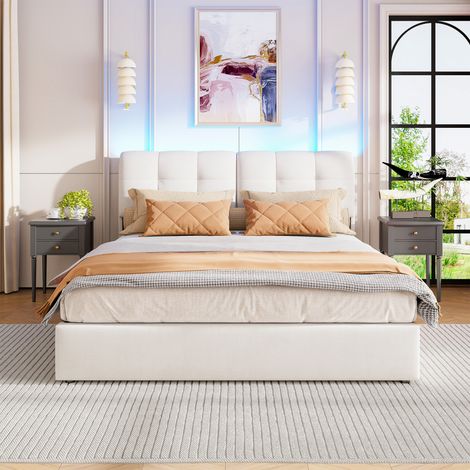 Lit coffre capitonnée 160x200 cm en velours beige – Lit adulte 2 personnes avec lumière LED - Sommier à lattes en bois - Sans matelas (1/5)