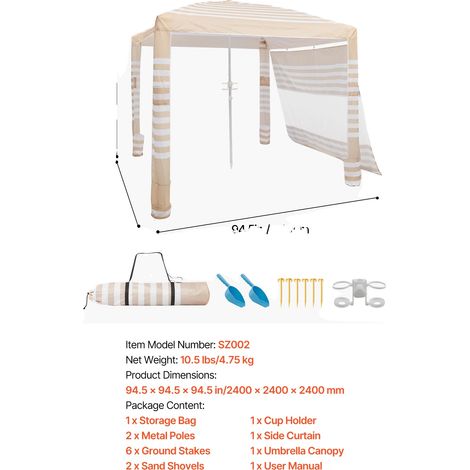 Abri de Plage, Hauteur Réglable, Protection UV, Kaki Rayé Blanc (1/2)