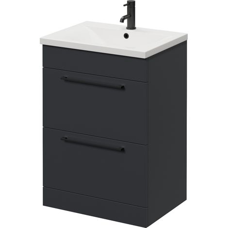 Napoli 460 Gloss Grey 600mm 2 Drawer Vanity Unit with Glide Basin - 600mm - Matt Black 320mm Handle