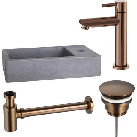 FugaFlow Eccelente Pietra ensemble lavabo - 40x22x8cm - 1 trou de robinet - robinet de lavabo en cuivre - béton