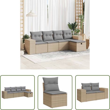Terrassensofa - 5-tlg. Garten-Sofagarnitur mit Kissen Beige Poly Rattan (1/5)