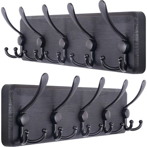 Bardusch-Porte-manteau mural bois noir style rustique, 44 cm, 5 crochets triples, paquet de 2 (1/5)