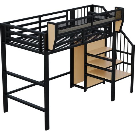 Letto a soppalco 90x200 in metallo con scala di sicurezza e mensola modulabile, nero (1/5)