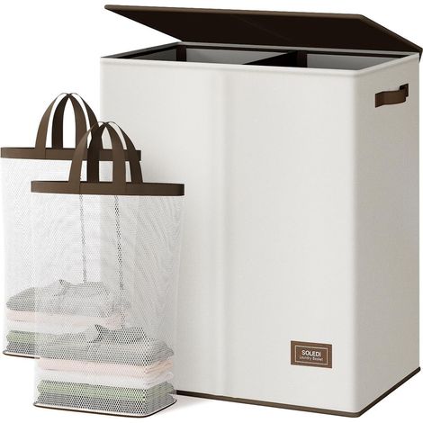 Wäschekorb 2 Fächer Deckel 2 Wäschesack braun XXXL 145 Liter Beige (1/5)