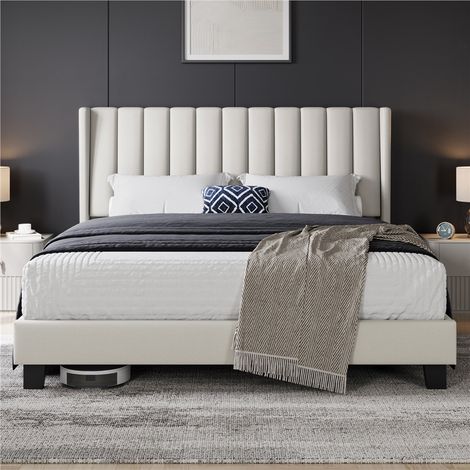 Homevive Cama tapizada 160 x 200 cm Cabecero a Rayas con Alas Láminas de Madera y Metal Cama Matrimonial Color Beige
