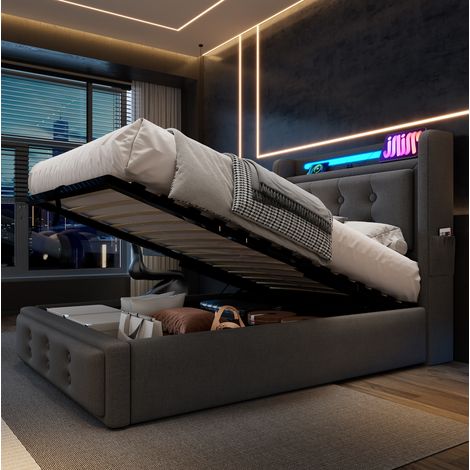 Letto singolo imbottito 90x200 cm moderno, tessuto grigio, con testiera USB/presa, LED, vano contenitore e materasso incluso (1/5)