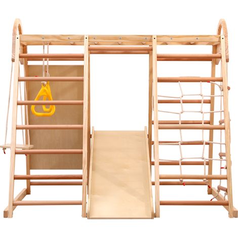 Structure d’escalade multifonction 7-en-1 en bois massif, contreplaqué et bois de hêtre, avec balançoire, échelle d’escalade, toboggan à planche, filet d’escalade, pierre d’escalade en plastique et an (1/5)