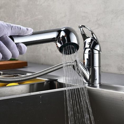 Robinet de cuisine pivotant 360° avec douchette extractible, laiton chromé, 2 modes de jet, levier unique (1/3)