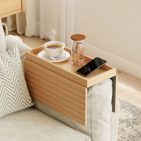 Plateau d'accoudoir pour canapé, pour boissons, snacks, télécommandes, bois de bambou (1/5)