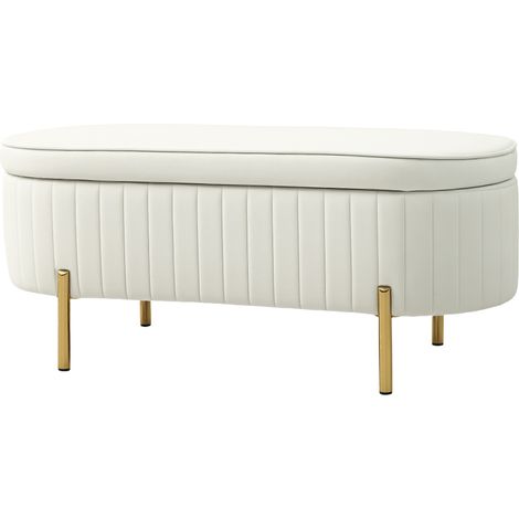 Banquette rangement couvercle articulé housse tissu métal blanc crème doré 120x40x45cm
