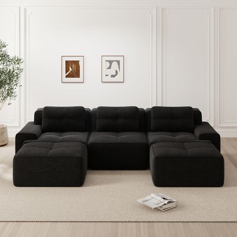 Canapé en U nuage sans armature, velours côtelé noir 3 places avec pouf, salon modulaire prêt à poser (1/4)