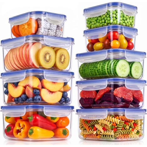 18 pièces de boîtes alimentaires hermétiques en plastique sans BPA avec couvercles, boîtes lunch ,ensemble empilable pour la préparation des repas et les voyages,Bleu (9 boîtes, 9 couvercles) (1/5)