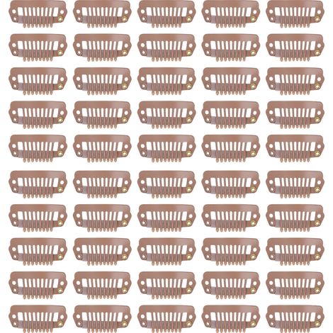 50 pièces attaches à cheveux en acier inoxydable, 8 dents et embouts, avec patins caoutchouc pour extensions et perruques, couleur brun clair (1/5)