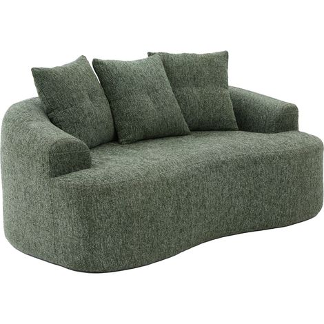 Divano curvo 2 posti in ciniglia verde con 3 cuscini decorativi (1/5)